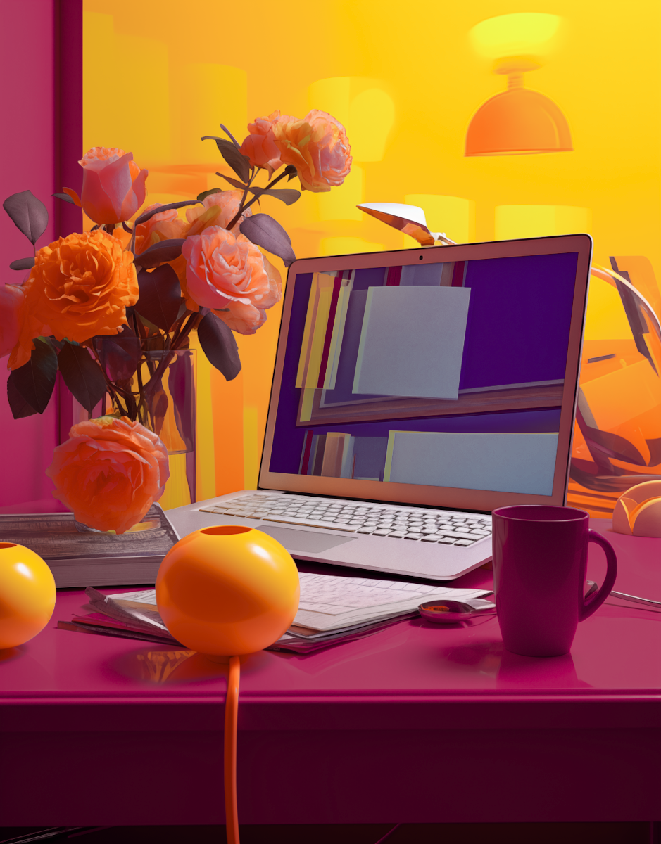 Playful Productivity Modern Tech and Florals on Pink Laptop